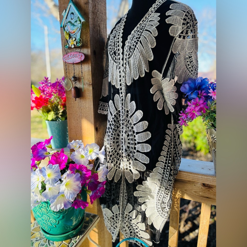 Ember Black Net W Ivory Embroidered Design Sheer Open Front Kimono Cardigan View 2